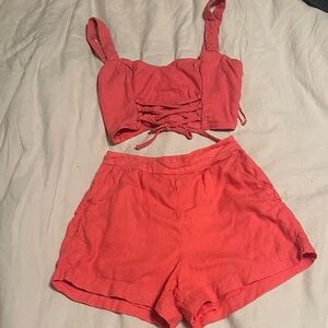 Coral Two-Piece Set with Crop Top and Shorts